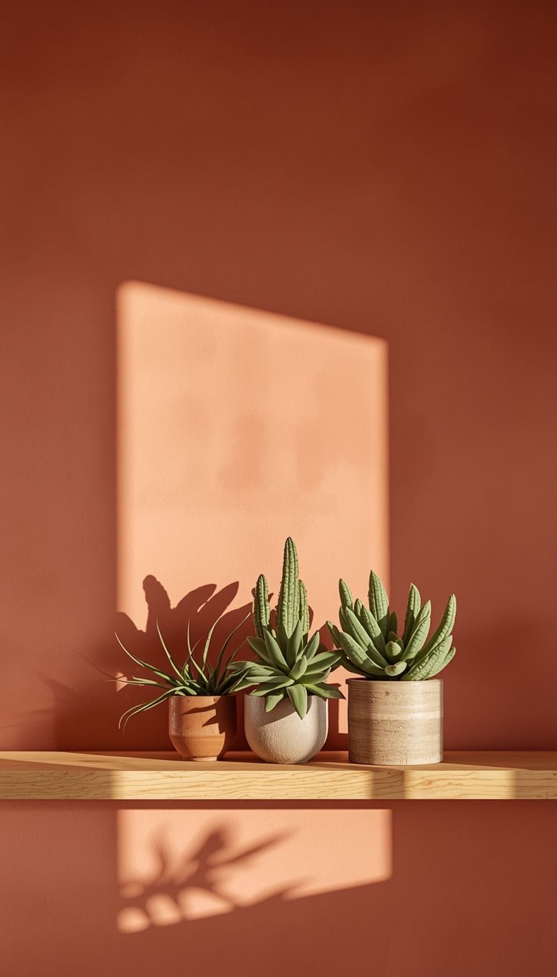 Three potted succulents on a wooden shelf in soft window light against a warm terracotta wall.